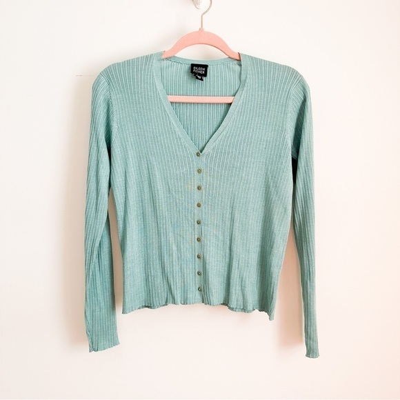 Eileen Fisher Blue Green Silk Linen Blend ribbed V Neck Cardigan Sweater XS - Picture 1 of 6